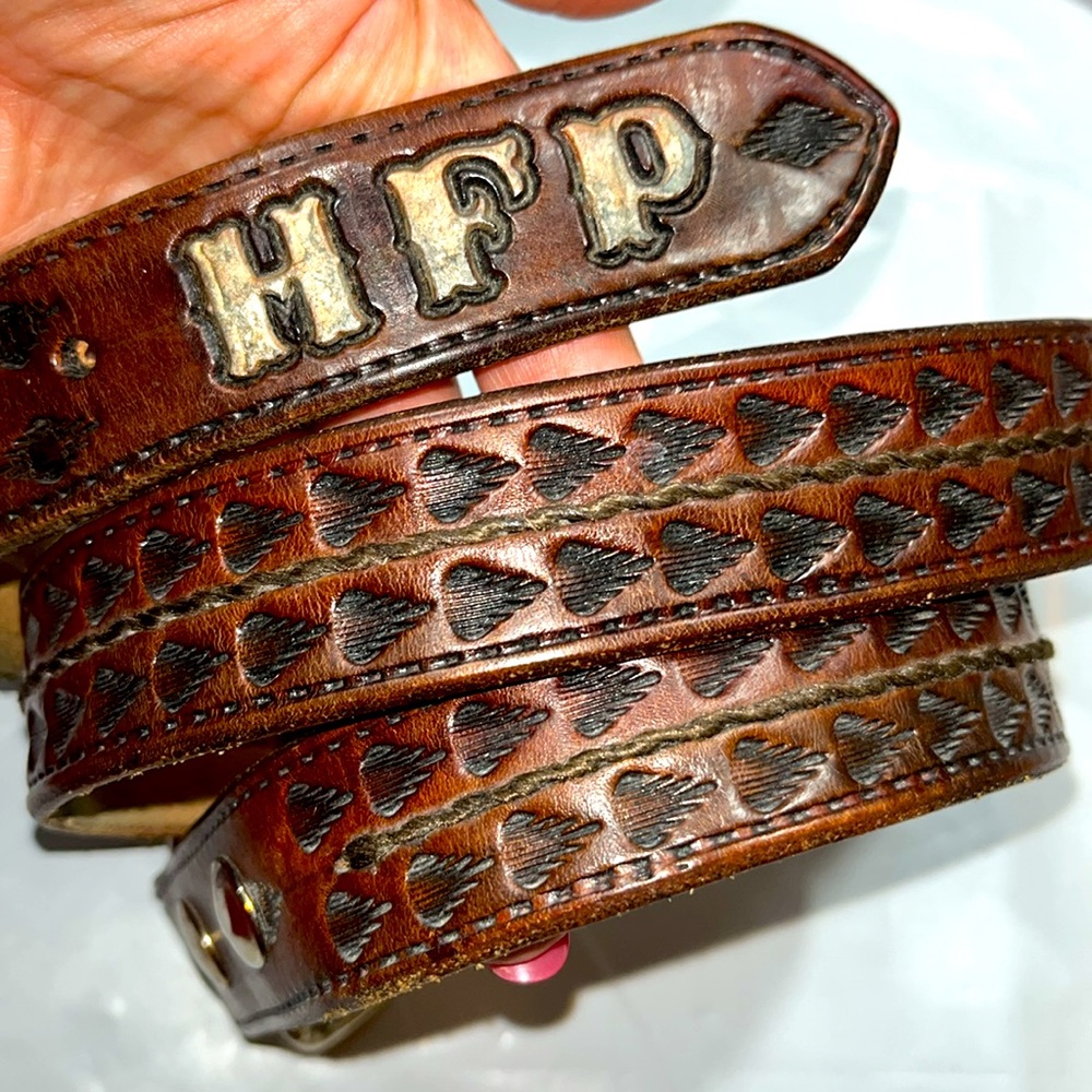 Vintage Brown Leather Belt with Black Heart Motif and Brass Initials HFP